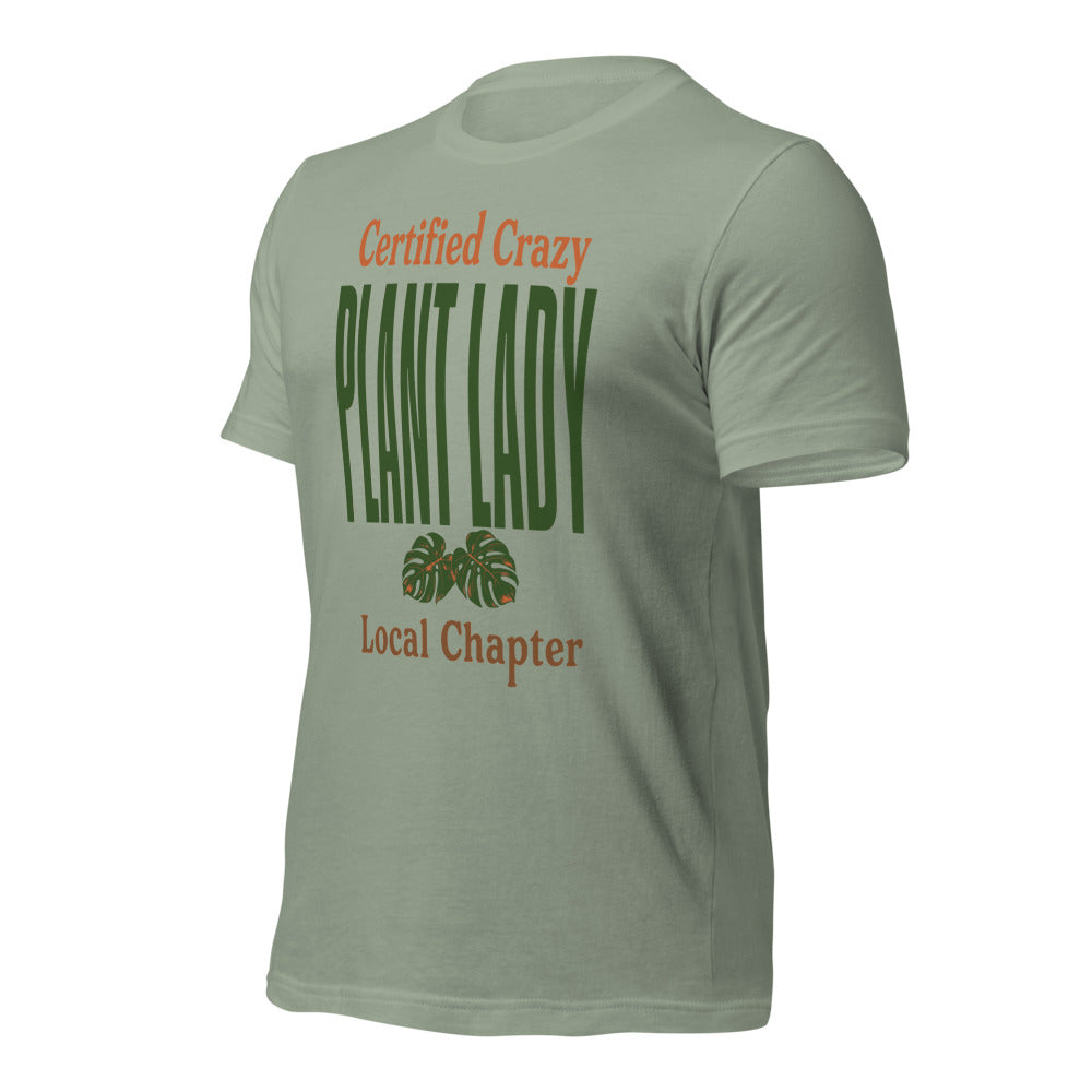 Certified Crazy Plant Lady retro botanical tee — Sage, front right