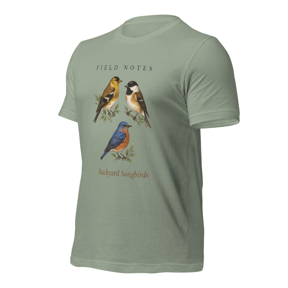 Backyard Songbirds vintage field-guide tee — Sage, front-right