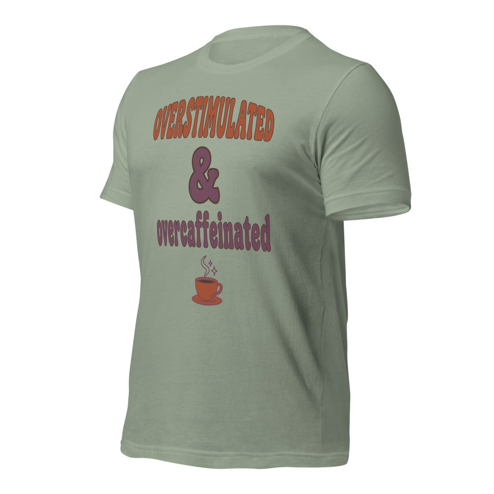 Overstimulated & Overcaffeinated soft retro coffee mental health tee — Sage, front-right