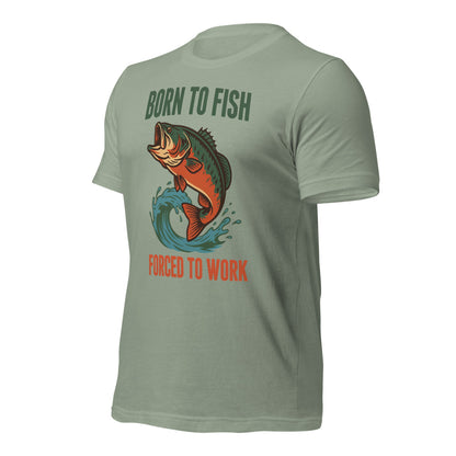 Born to Fish Forced to Work retro fishing humor tee — Sage, front-right