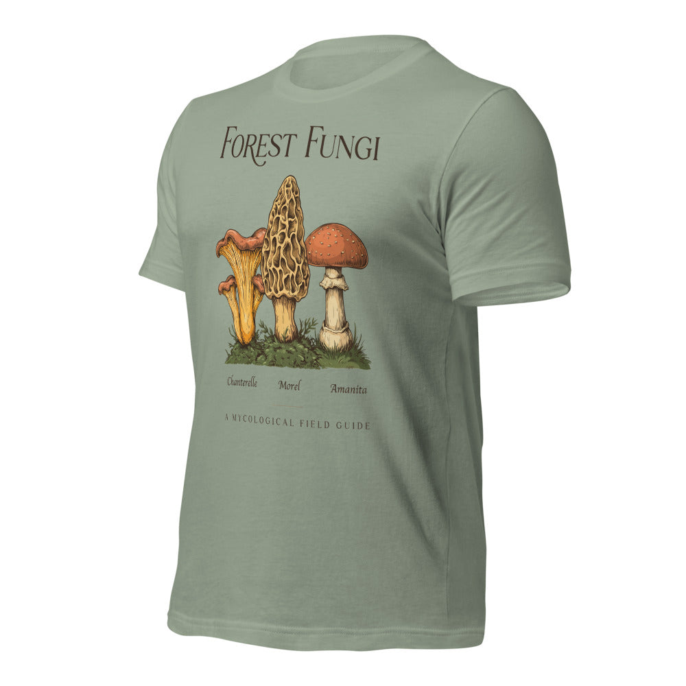 Forest Fungi vintage mushroom field guide tee — Sage, front-right