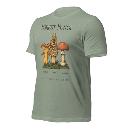 Forest Fungi vintage mushroom field guide tee — Sage, front-right