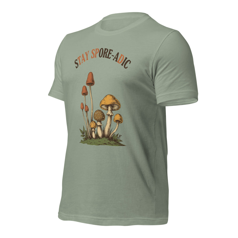 Stay Spore-adic funny vintage mushroom tee — Sage, front-right