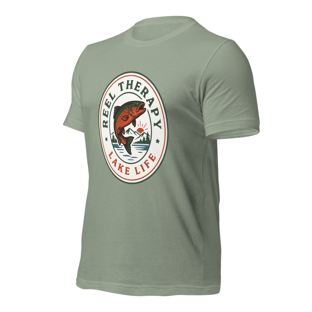 Reel Therapy retro national-park trout badge fishing tee — Sage, front-right