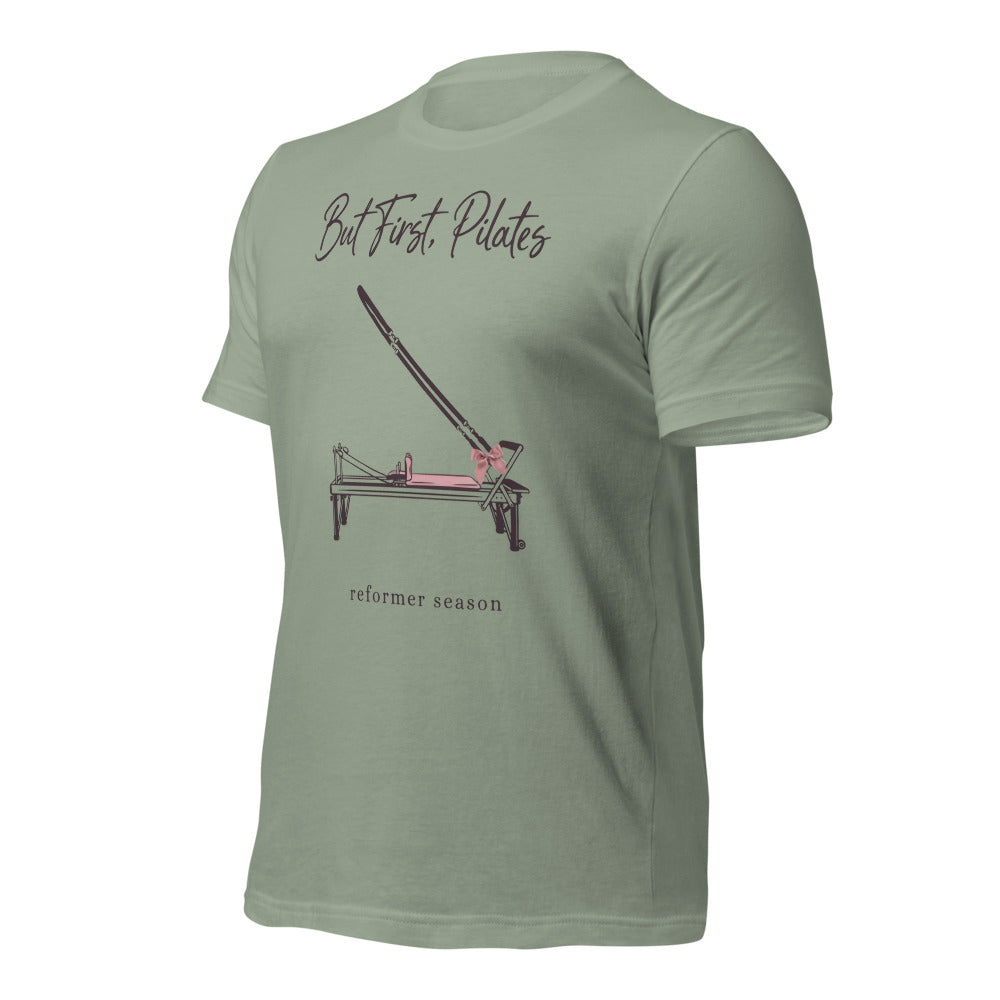 But First Pilates reformer line-art tee — Sage, front-right
