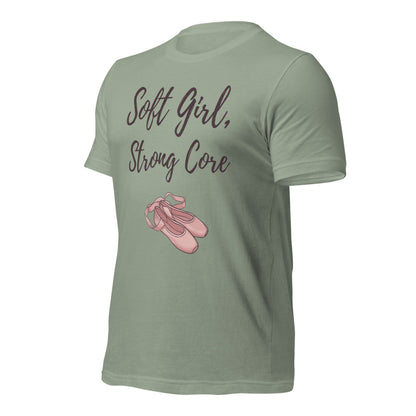 Soft Girl Strong Core ballet coquette pilates tee — Sage, front-right