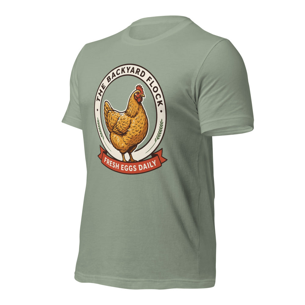 Backyard Flock heritage chicken keeper tee — Sage, front-right