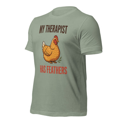 My Therapist Has Feathers funny chicken keeper tee — Sage, front-right