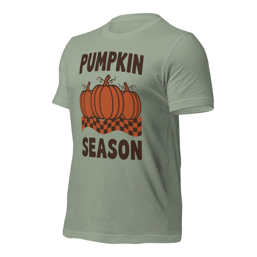 Pumpkin Season retro 70s fall t-shirt — Sage, front-right