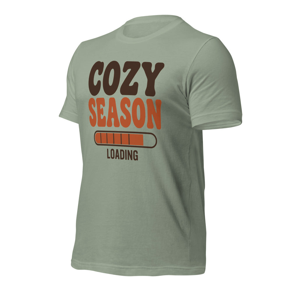 Cozy Season Loading retro 70s fall t-shirt — Sage, front-right