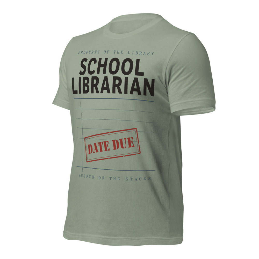 Property of the School Library card catalog school librarian tee — Sage, front-right