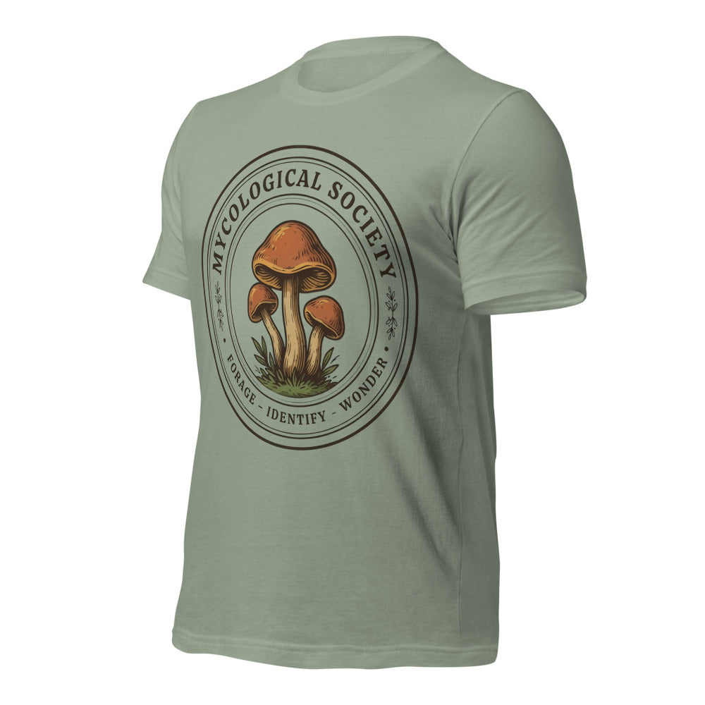Mushroom Foraging Mycological Society vintage botanical tee — Sage, front-right