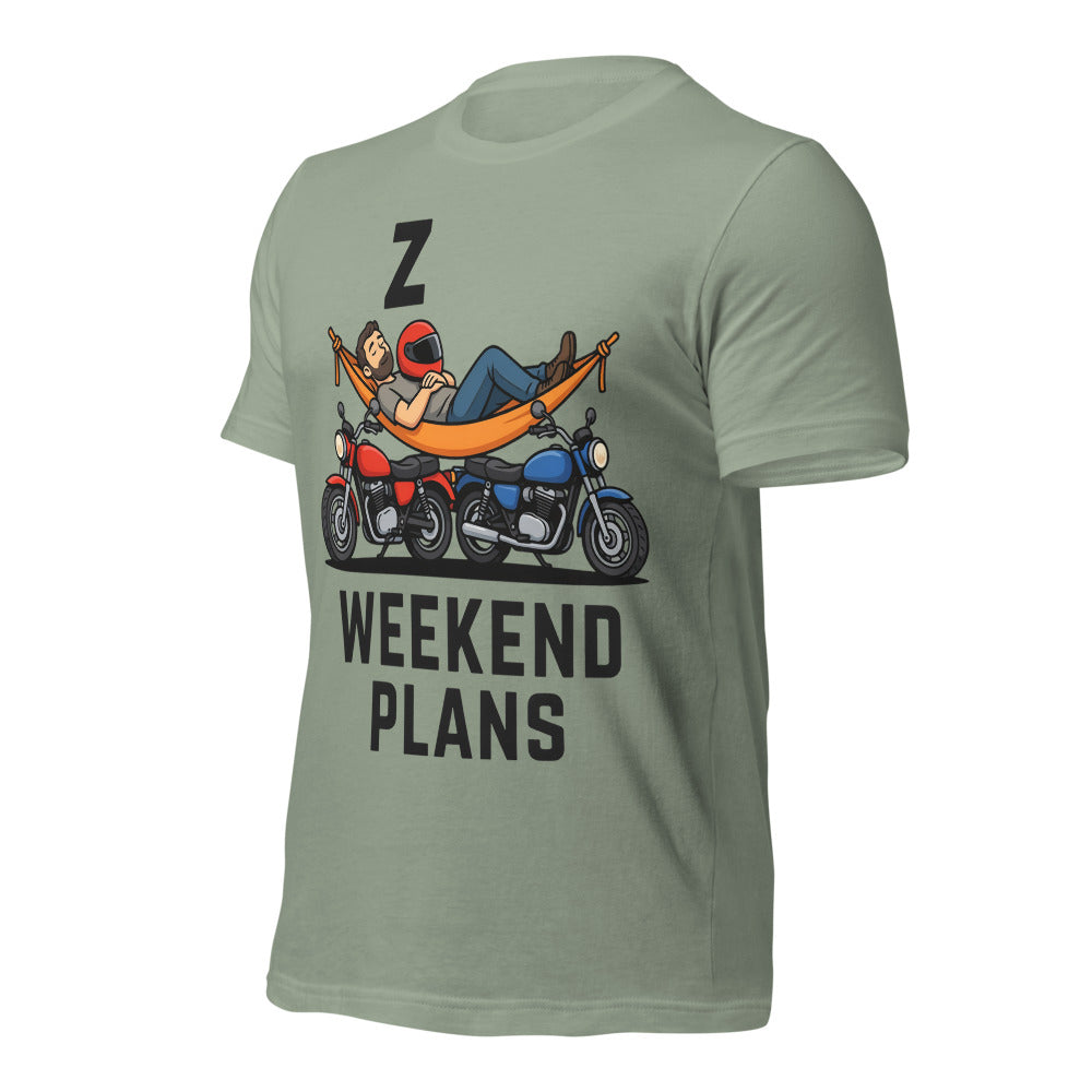 Weekend Plans funny motorcycle dad tee — Sage, front-right