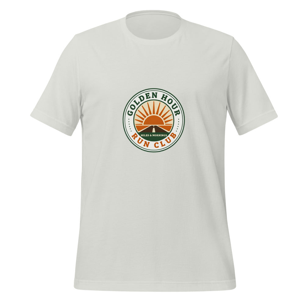 Golden Hour Run Club retro running tee — Silver, front