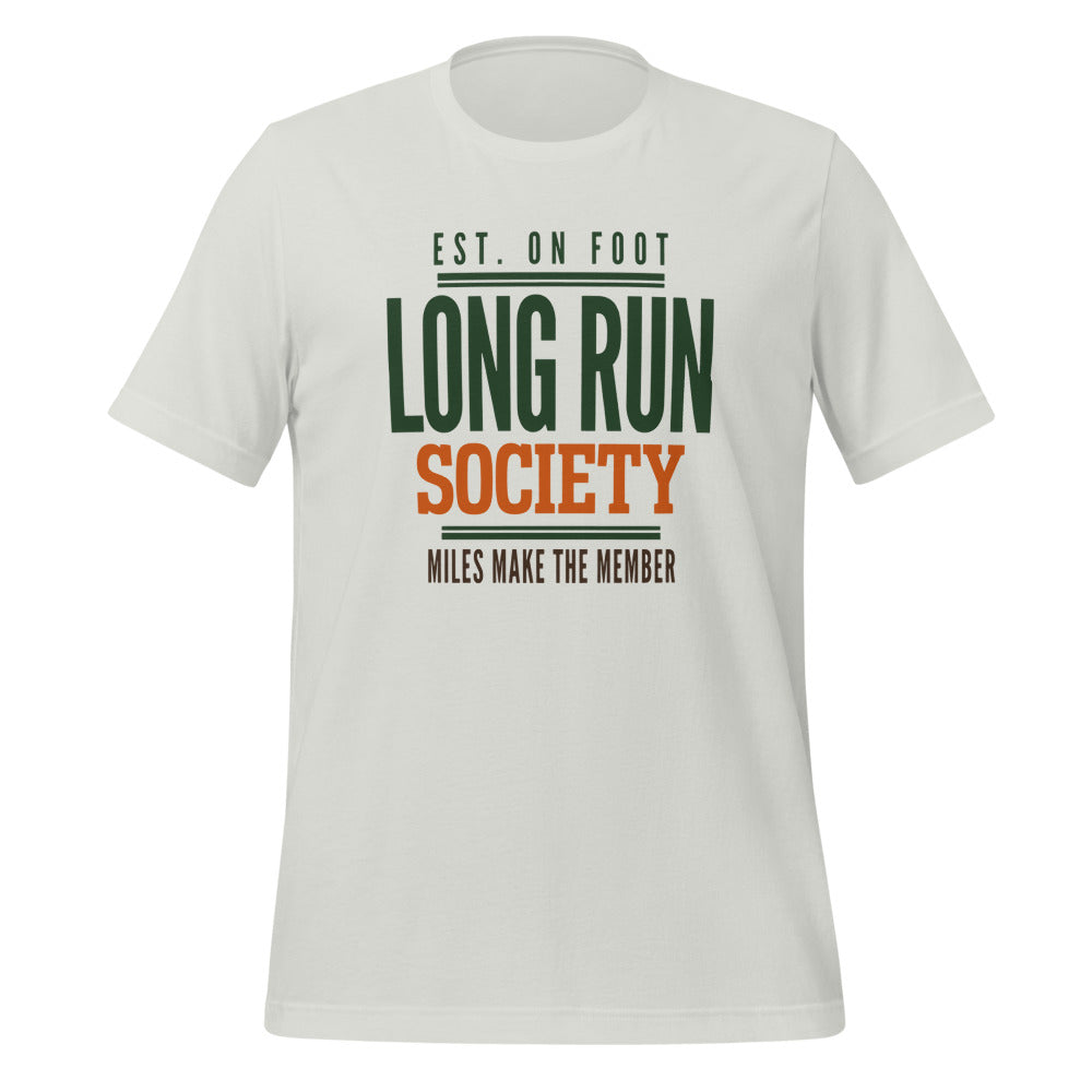 Long Run Society retro running tee — Silver, front