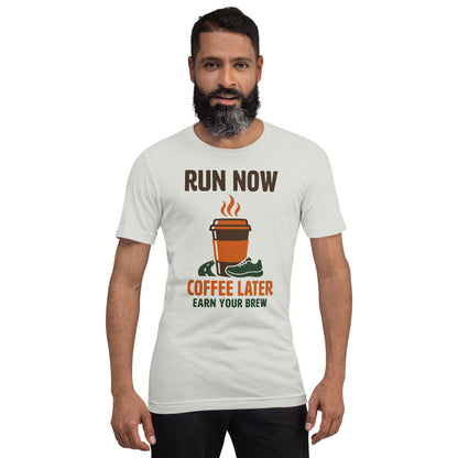 Run Now Coffee Later funny running tee — Silver, on model