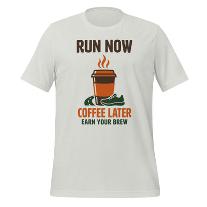 Run Now Coffee Later funny running tee — Silver, front