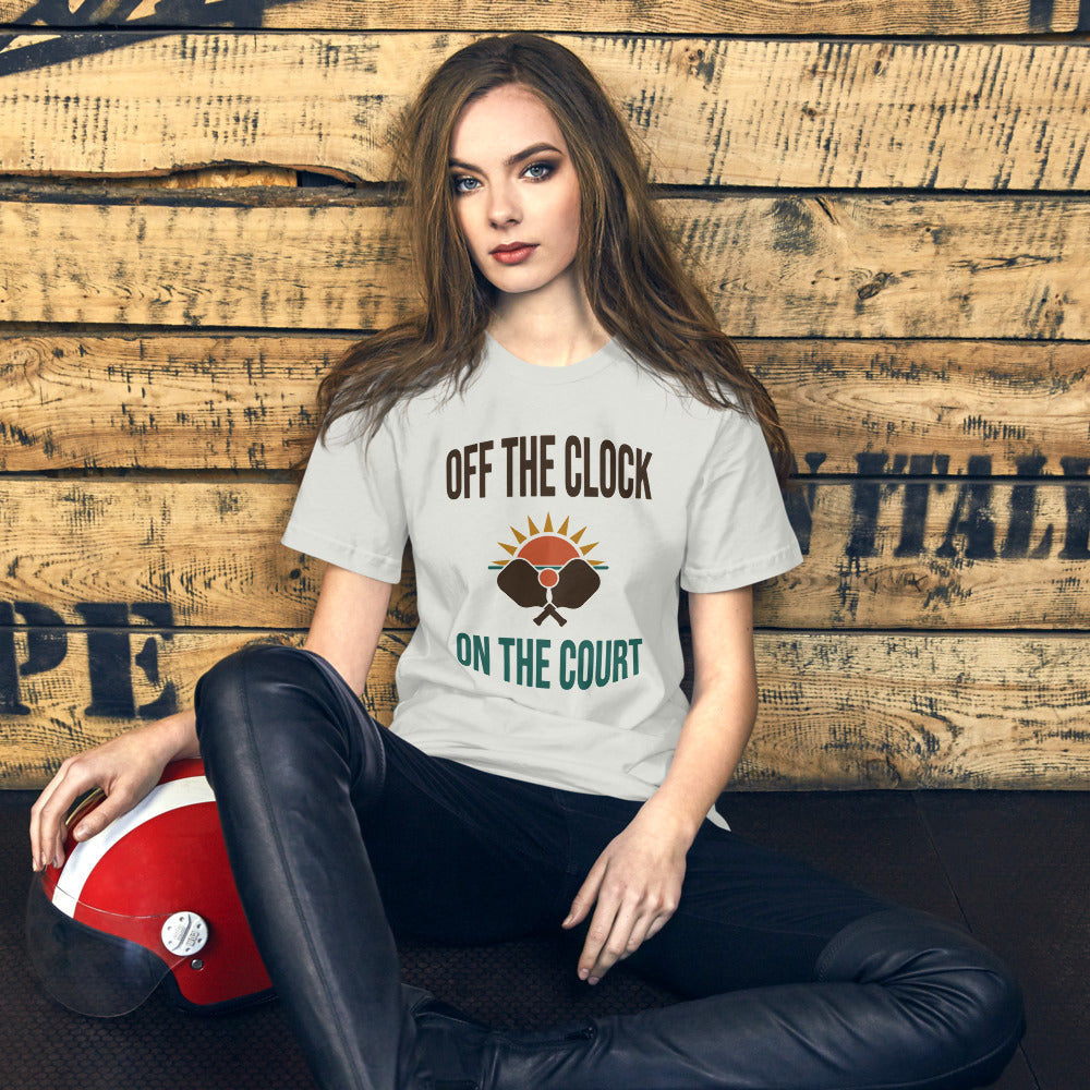 model wearing Off The Clock On The Court retro pickleball tee — Silver