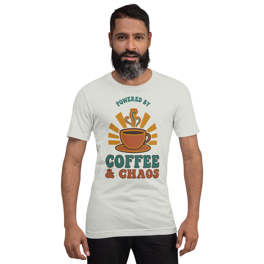 Powered By Coffee And Chaos retro groovy teacher tee — Silver, on model