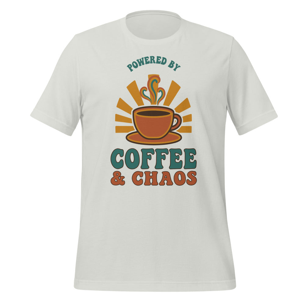 Powered By Coffee And Chaos retro groovy teacher tee — Silver, front
