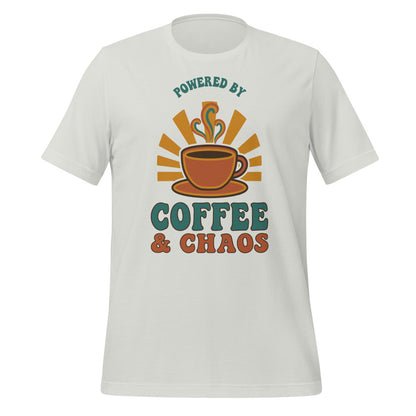 Powered By Coffee And Chaos retro groovy teacher tee — Silver, front