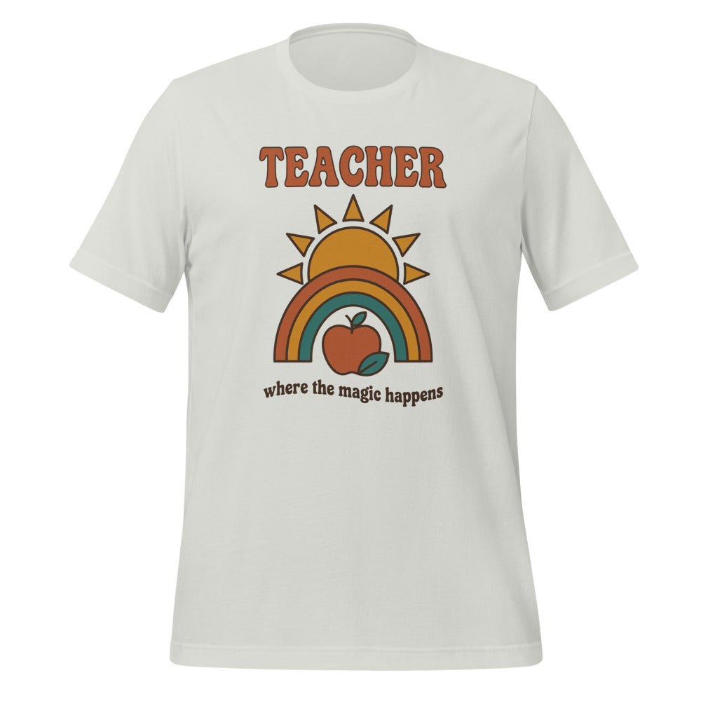 Teacher Where The Magic Happens retro groovy teacher tee — Silver, front