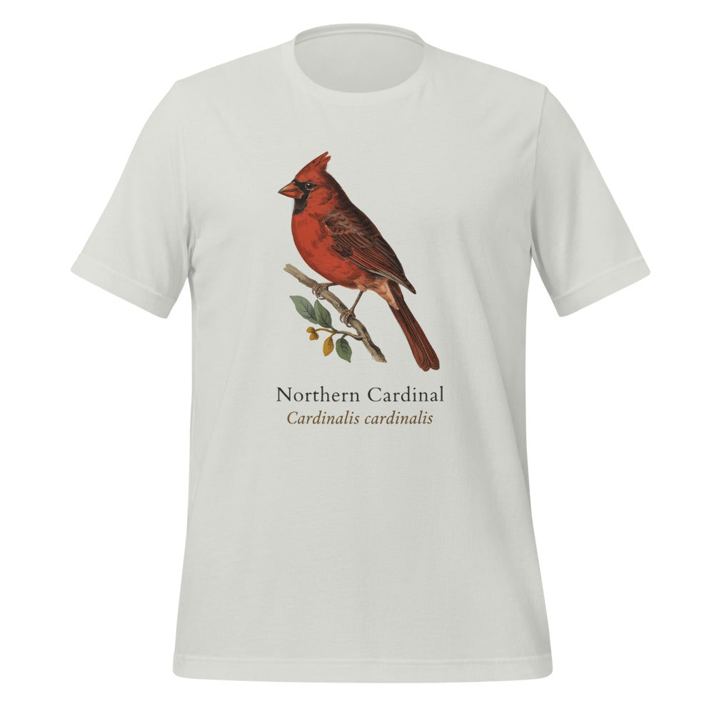 Northern Cardinal vintage field-guide tee — Silver, front