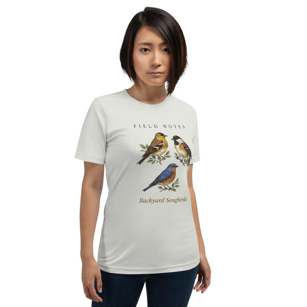Backyard Songbirds vintage field-guide tee — Silver, on model