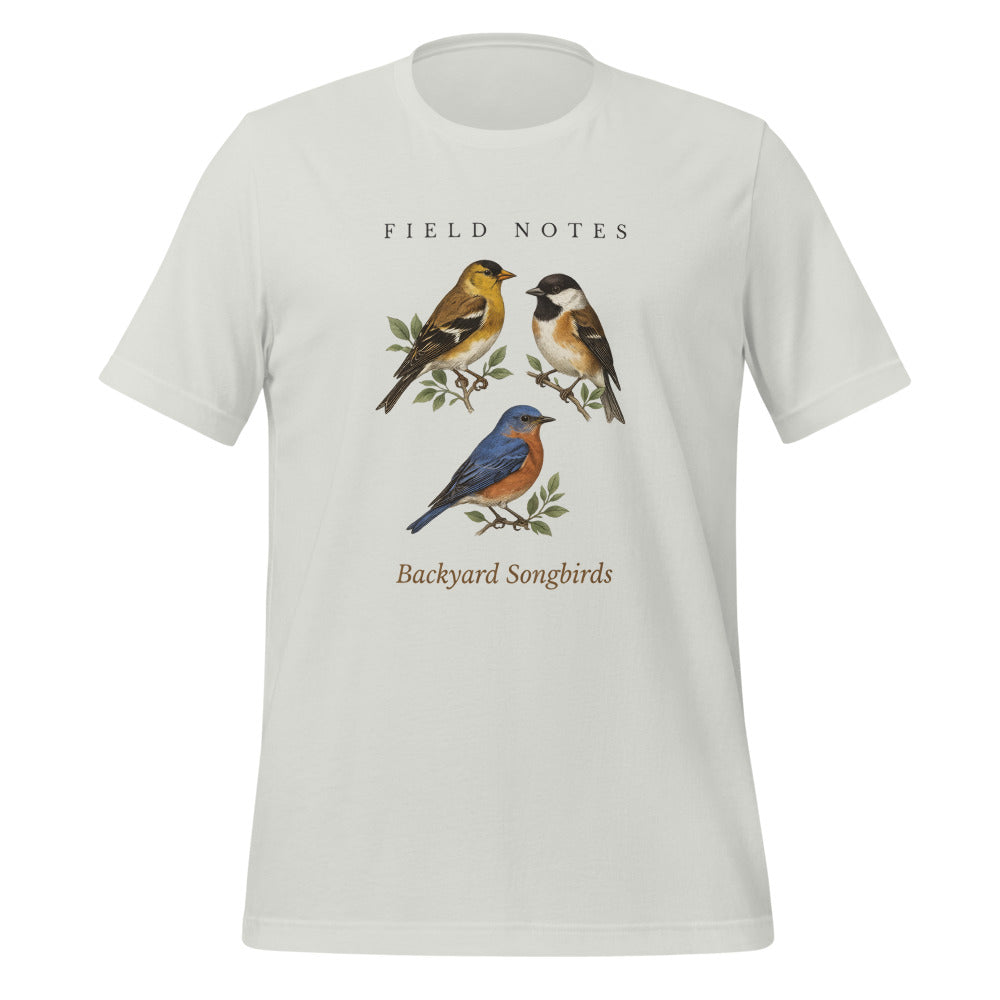 Backyard Songbirds vintage field-guide tee — Silver, front