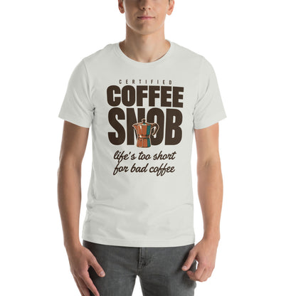 Certified Coffee Snob coffee tee — Silver, on model