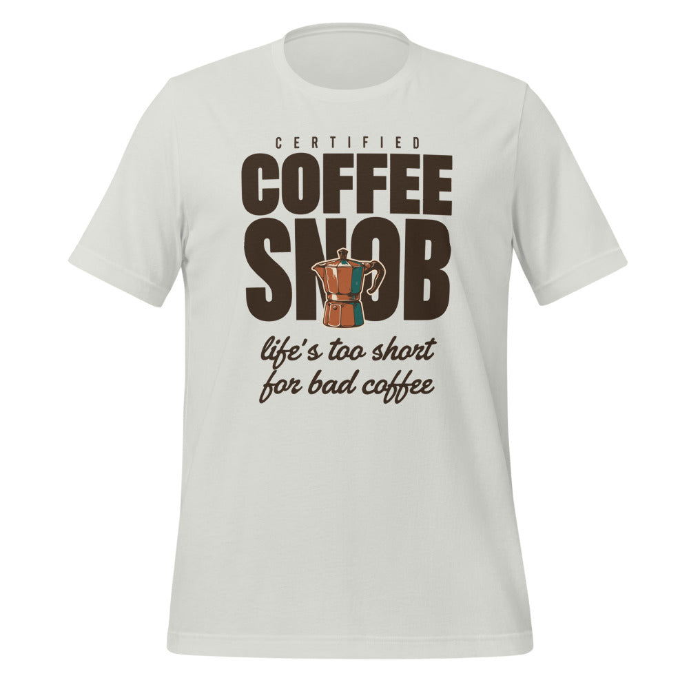 Certified Coffee Snob coffee tee — Silver, front