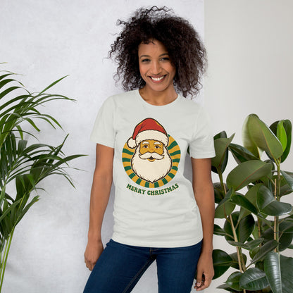 Groovy Santa retro Christmas tee — Silver, on model