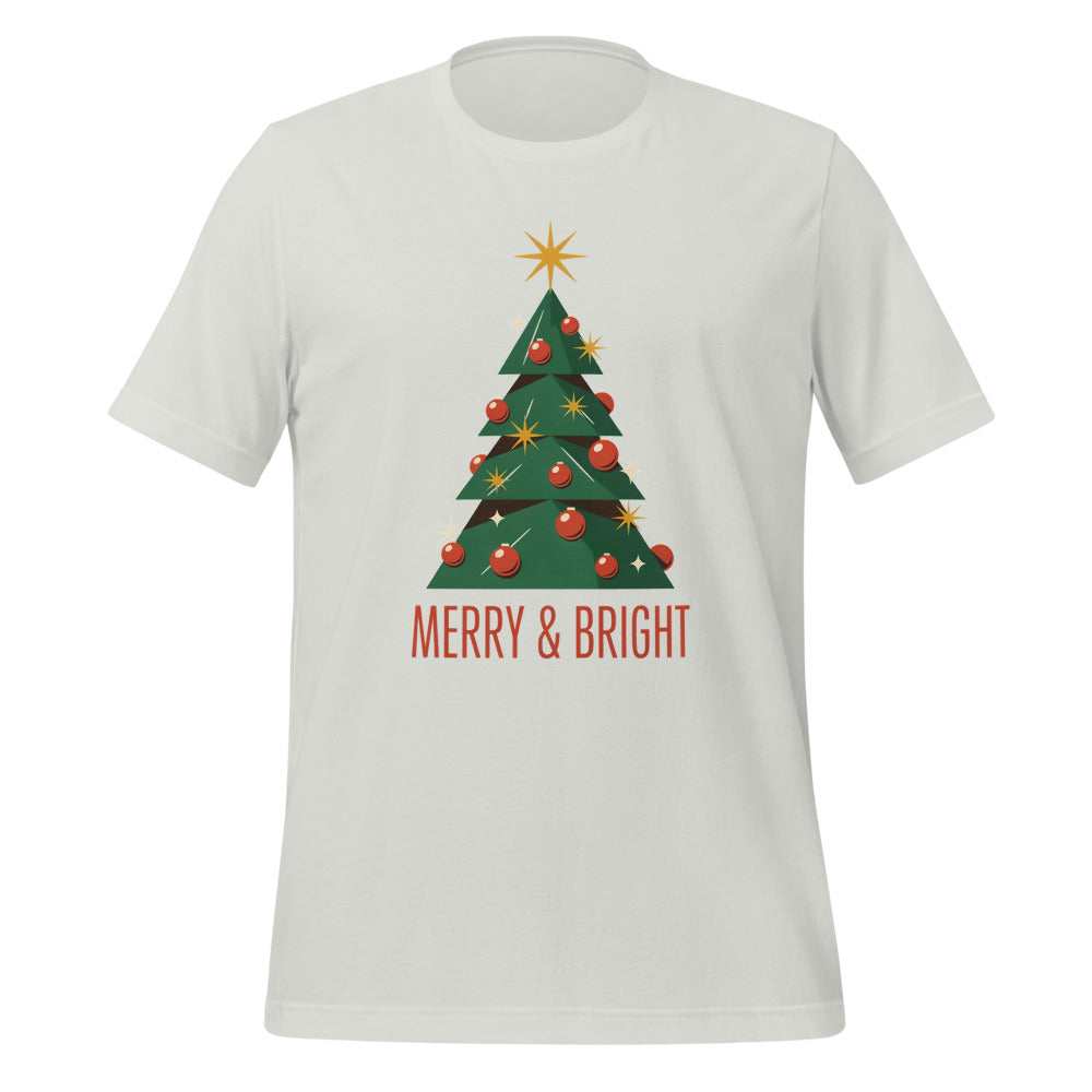 Atomic mid-century retro Christmas tree tee — Silver, front