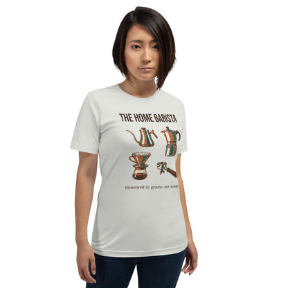 The Home Barista specialty coffee tee — Silver, on model