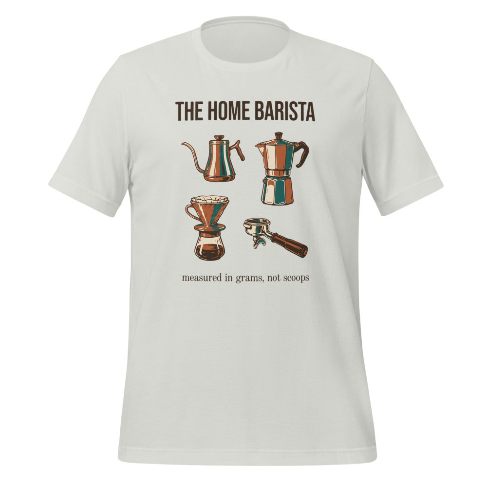 The Home Barista specialty coffee tee — Silver, front