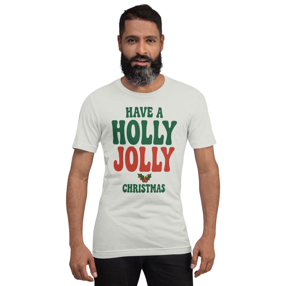 Groovy Holly Jolly retro Christmas tee — Silver, on model
