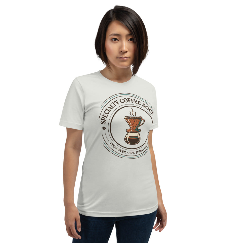Specialty Coffee Society specialty coffee tee — Silver, on model