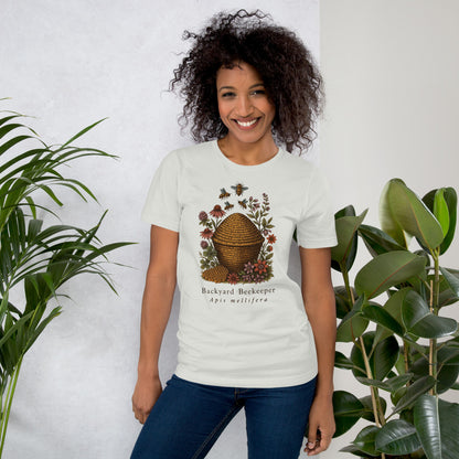 Backyard Beekeeper field-guide bee tee — Silver, on model