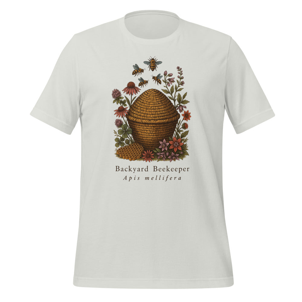 Backyard Beekeeper field-guide bee tee — Silver, front