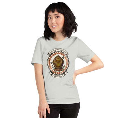 Backyard Beekeeper Keeper of Bees vintage apiary crest tee — Silver, on model