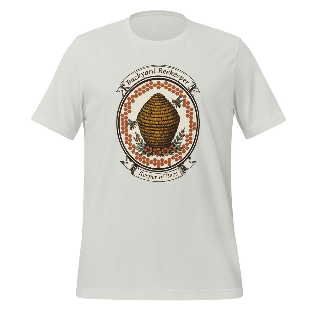 Backyard Beekeeper Keeper of Bees vintage apiary crest tee — Silver, front