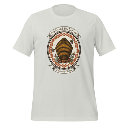 Backyard Beekeeper Keeper of Bees vintage apiary crest tee — Silver, front