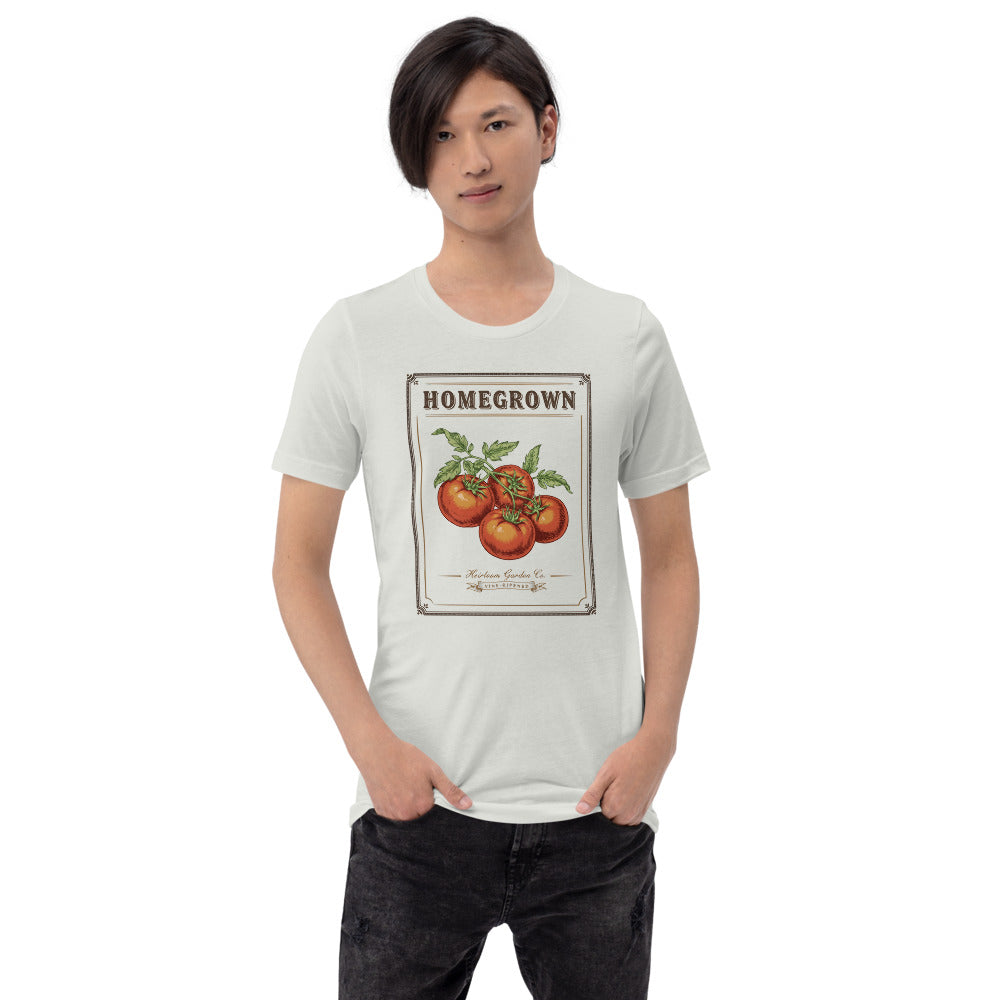 Homegrown Heirloom Seed Packet gardening tee — Silver, on model