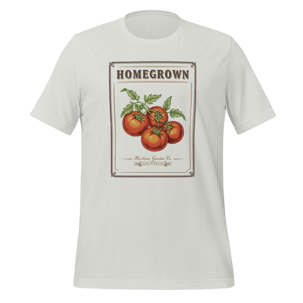 Homegrown Heirloom Seed Packet gardening tee — Silver, front