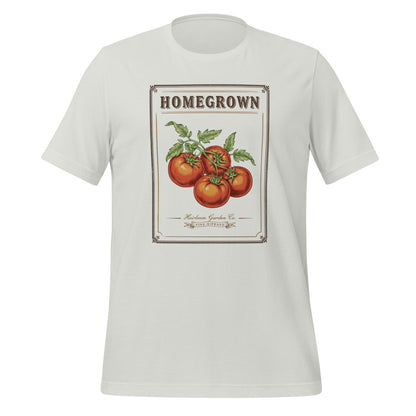 Homegrown Heirloom Seed Packet gardening tee — Silver, front
