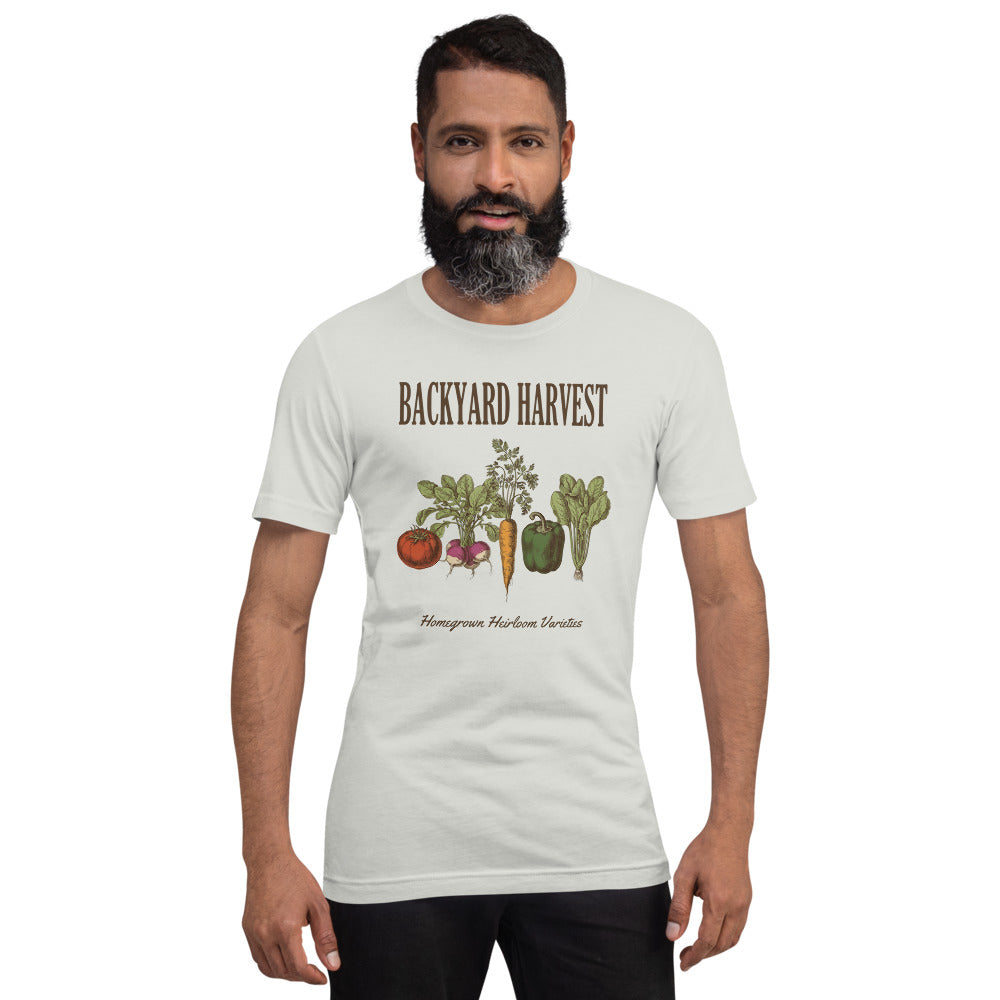 Backyard Harvest heirloom vegetable gardening tee — Silver, on model