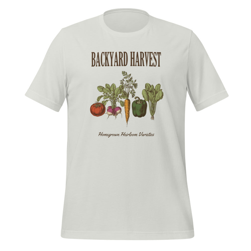 Backyard Harvest heirloom vegetable gardening tee — Silver, front
