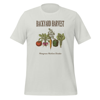 Backyard Harvest heirloom vegetable gardening tee — Silver, front