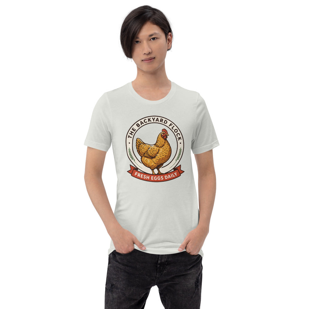 Backyard Flock heritage chicken keeper tee — Silver, on model