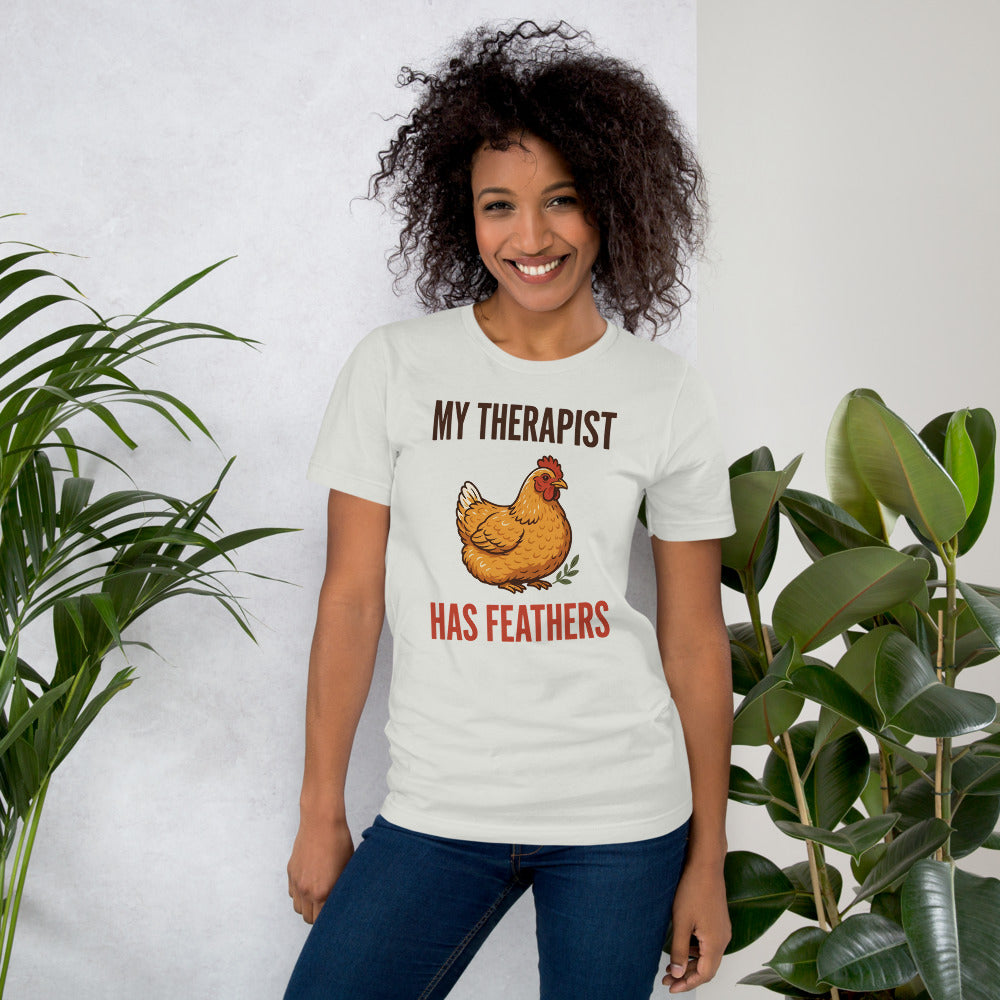 My Therapist Has Feathers funny chicken keeper tee — Silver, on model